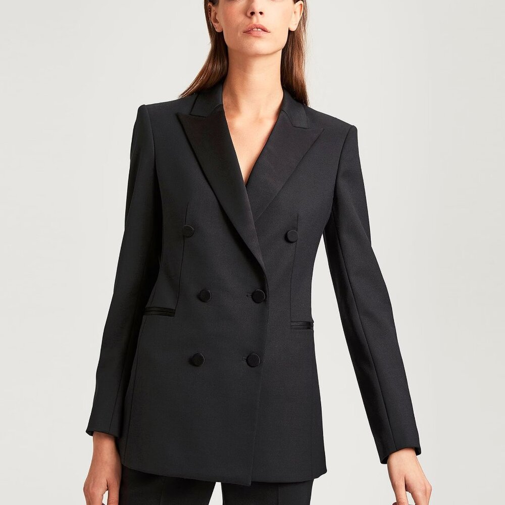 Theory Black Double-Breasted Satin-Trim Wool Tux Jacket